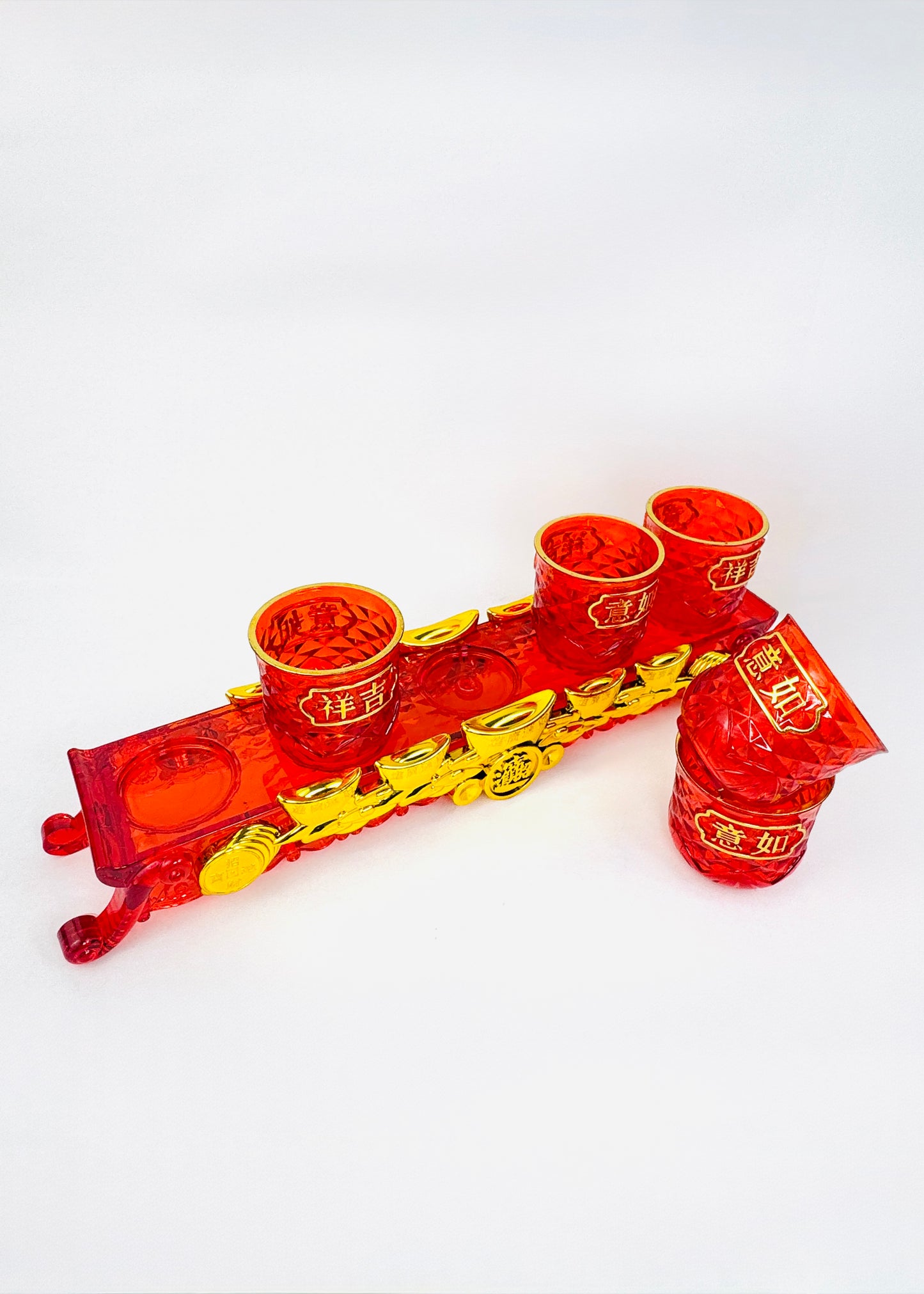 Auspicious Characters Offering Cup Set - 5 Cups - Red/Gold