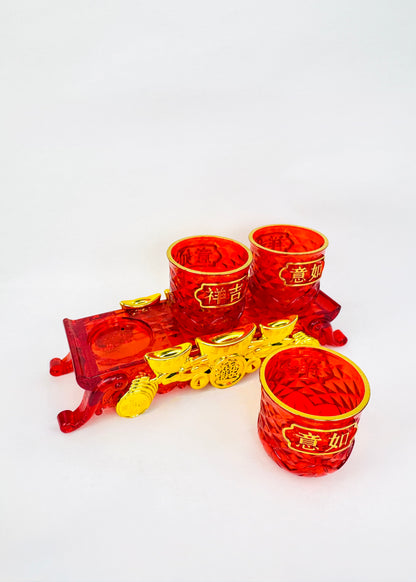 Auspicious Characters Offering Cup Set - 3 Cups - Red/Gold