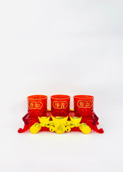 Auspicious Characters Offering Cup Set - 3 Cups - Red/Gold