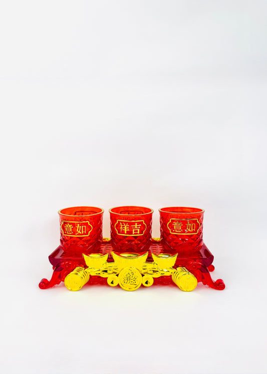 Auspicious Characters Offering Cup Set - 3 Cups - Red/Gold