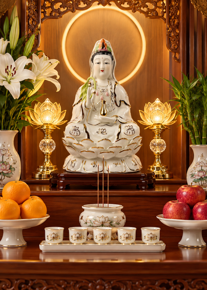 Guan Yin Golden Lotus Porcelain Statue