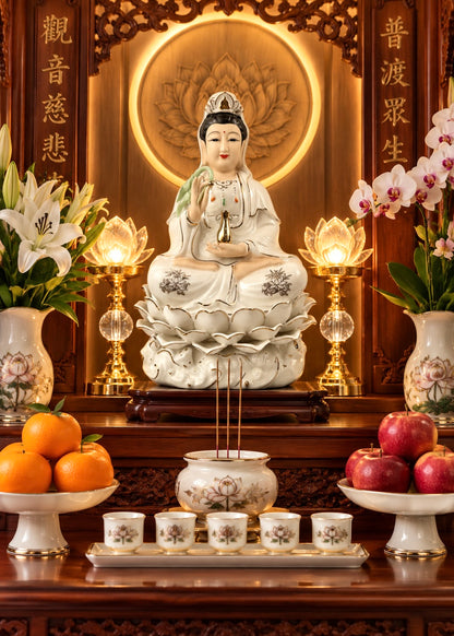 A white porcelain statue of Guanyin seated on a lotus, displayed on a wooden altar with lotus-shaped candles, incense sticks, small cups, oranges, and red apples, framed by flowers and Chinese characters.