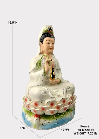 Guan Yin Colorful Lotus Porcelain Statue