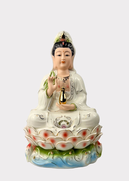 Guan Yin Colorful Lotus Porcelain Statue