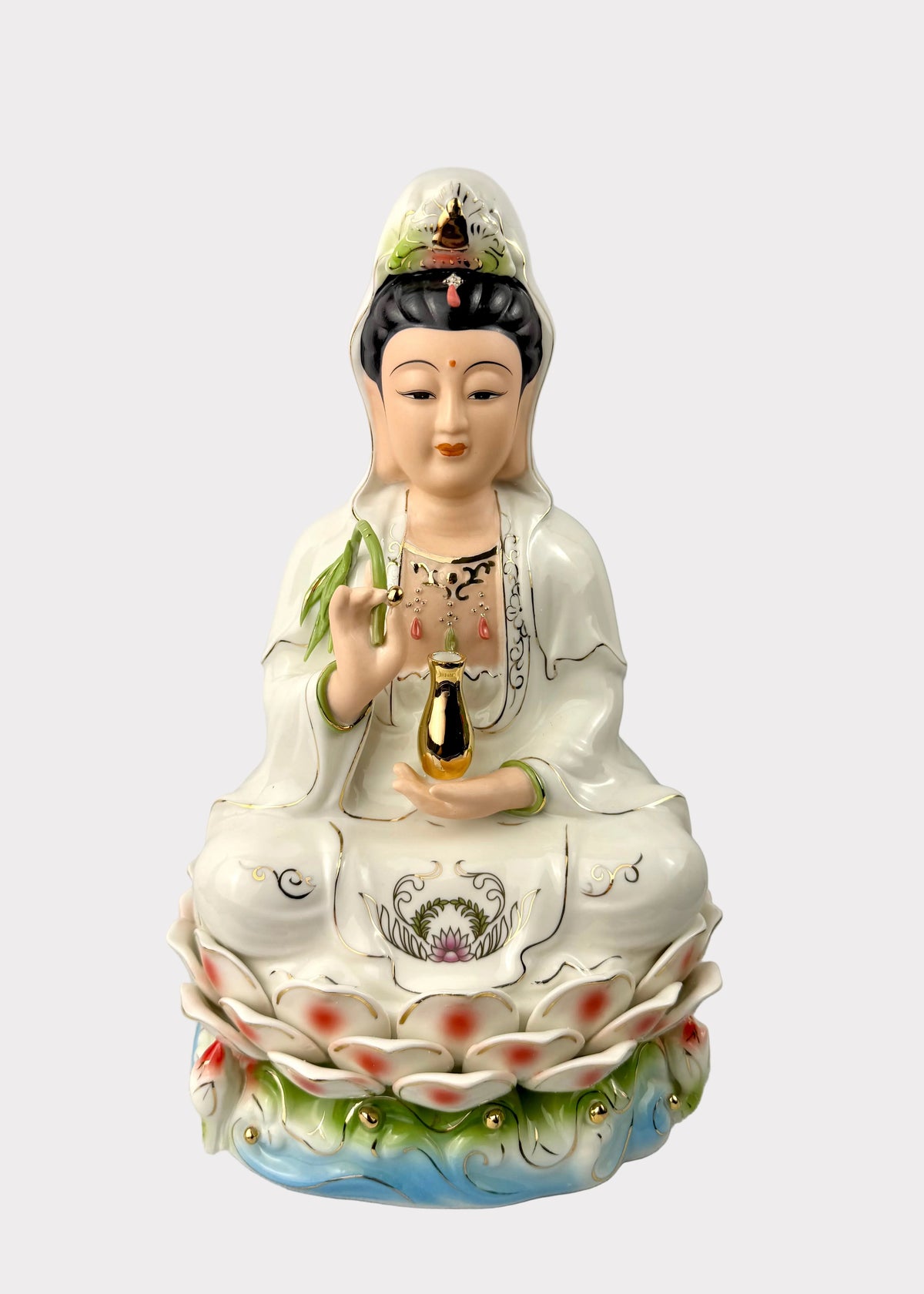 Guan Yin Colorful Lotus Porcelain Statue