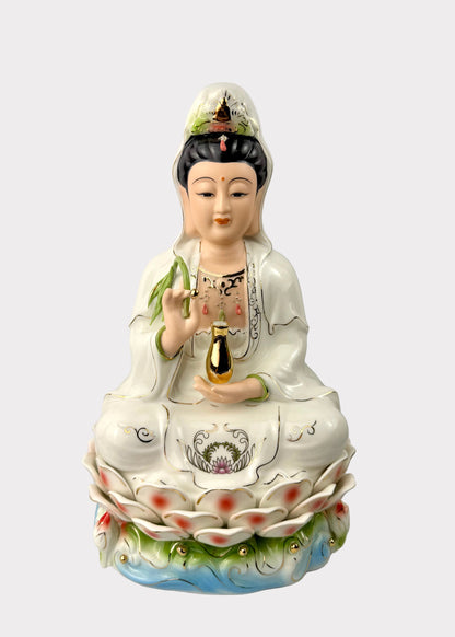 Guan Yin Colorful Lotus Porcelain Statue