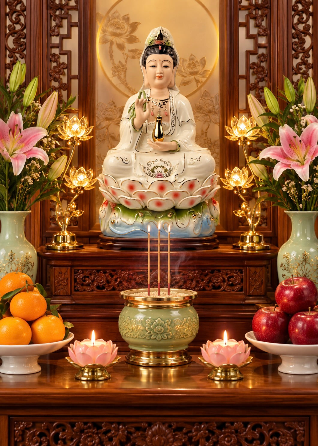 Guan Yin Colorful Lotus Porcelain Statue
