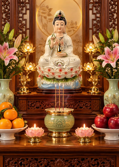Guan Yin Colorful Lotus Porcelain Statue