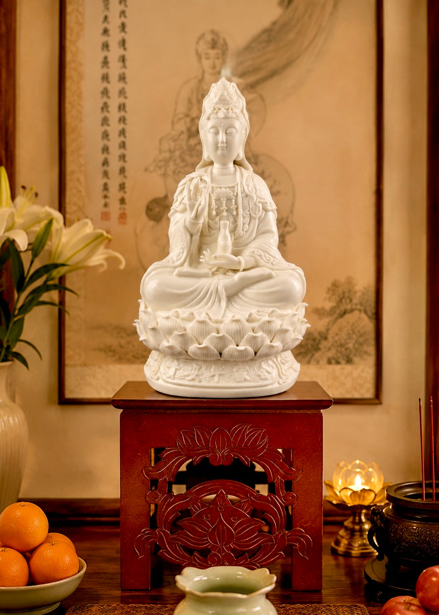 Traditional Square Wood Altar Stand with Carved Lotus Design