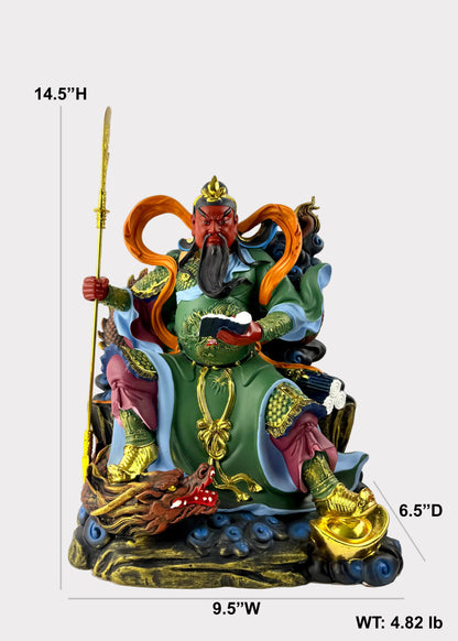 A colorful Chinese deity statue of a warrior seated on a cloud base, holding a spear and scroll, with dimension labels showing 14.5" height, 9.