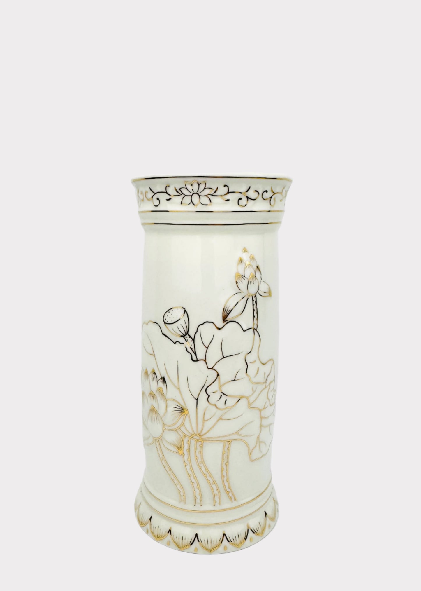 Lotus Cylinder Outline - Altar Vase - White/Gold - Ceramic
