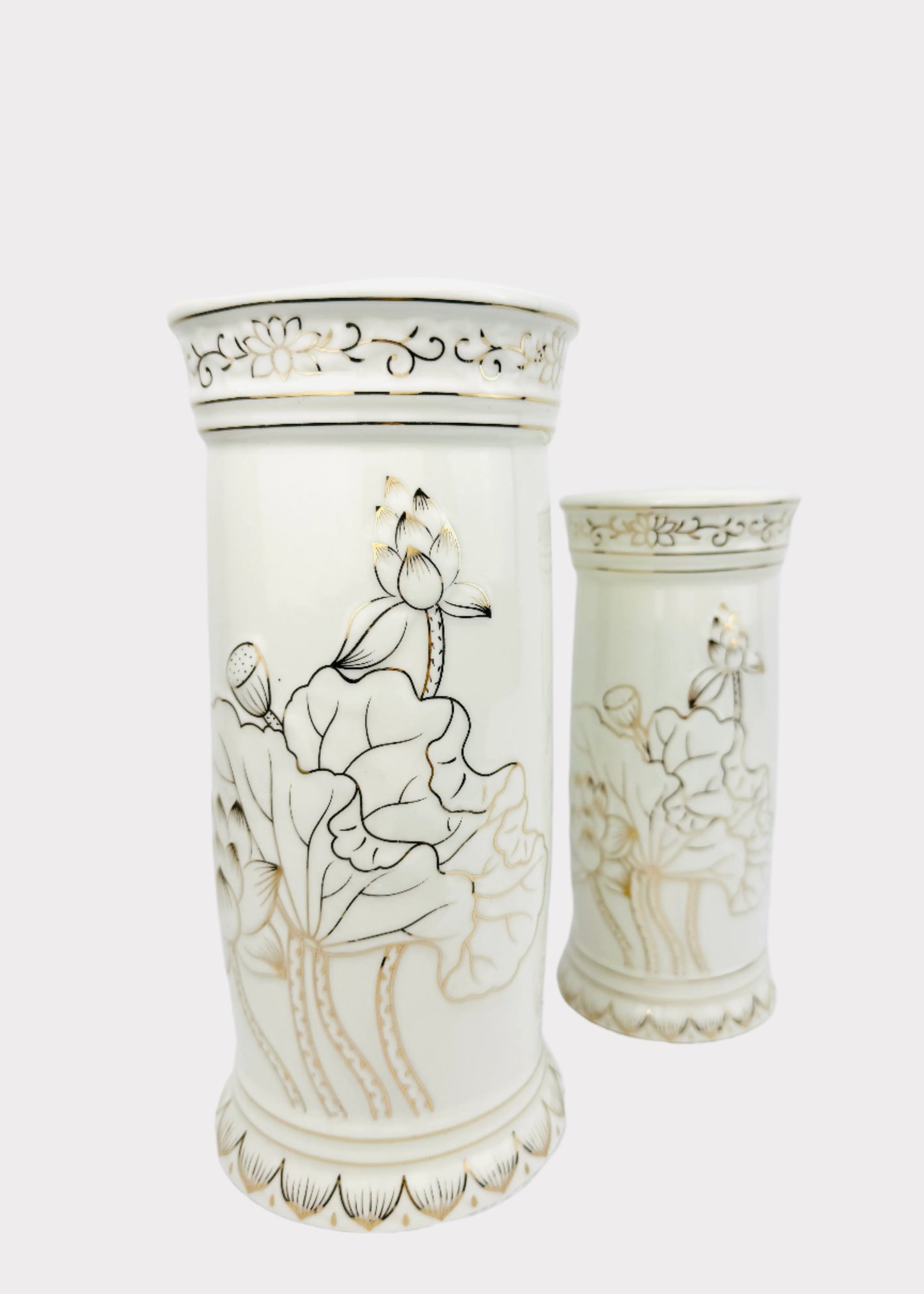 Lotus Cylinder Outline - Altar Vase - White/Gold - Ceramic