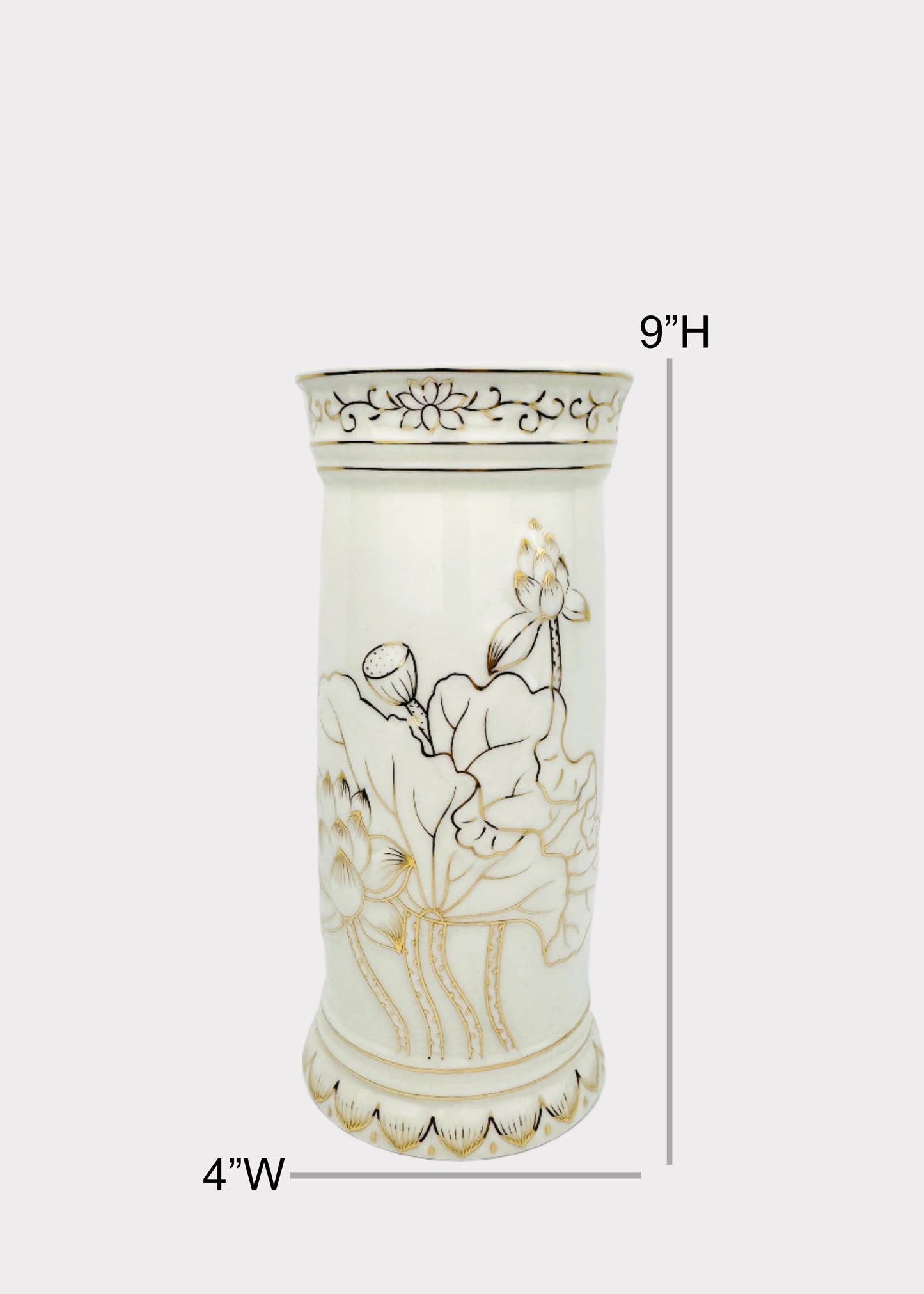 Lotus Cylinder Outline - Altar Vase - White/Gold - Ceramic