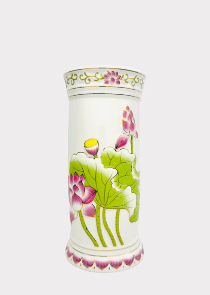 Lotus Cylinder - Altar Vase - Pink/Green - Ceramic