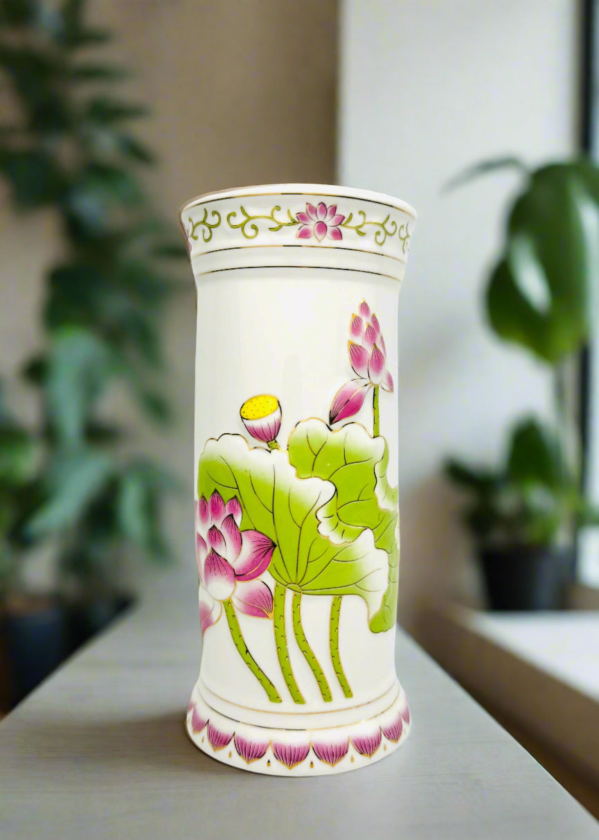 Lotus Cylinder - Altar Vase - Pink/Green - Ceramic