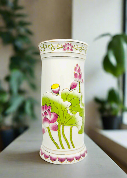 Lotus Cylinder - Altar Vase - Pink/Green - Ceramic