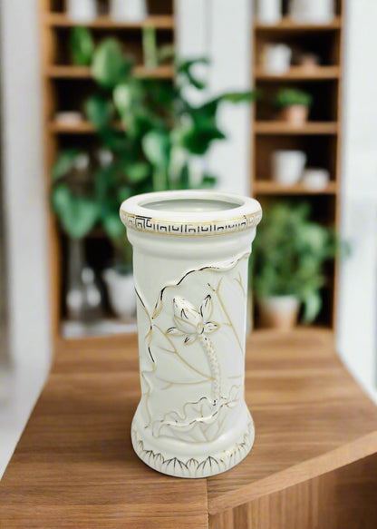 Lotus Carved - Offering Vase - White/Gold Greek Key - Ceramic