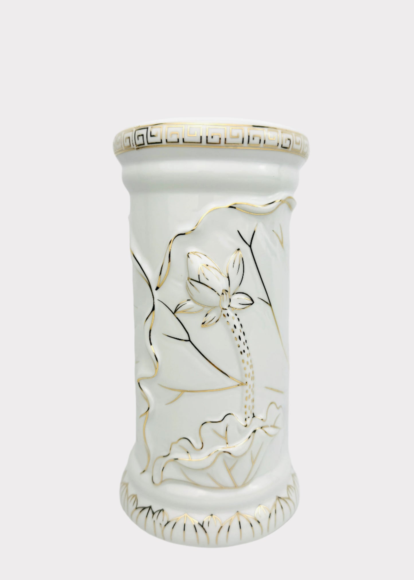 Lotus Carved - Offering Vase - White/Gold Greek Key - Ceramic