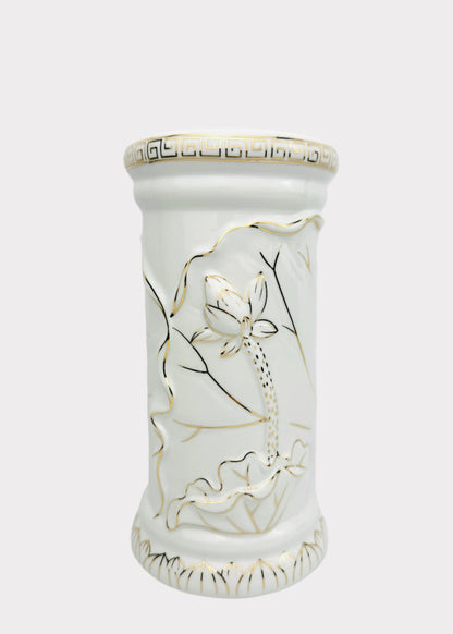 Lotus Carved - Offering Vase - White/Gold Greek Key - Ceramic