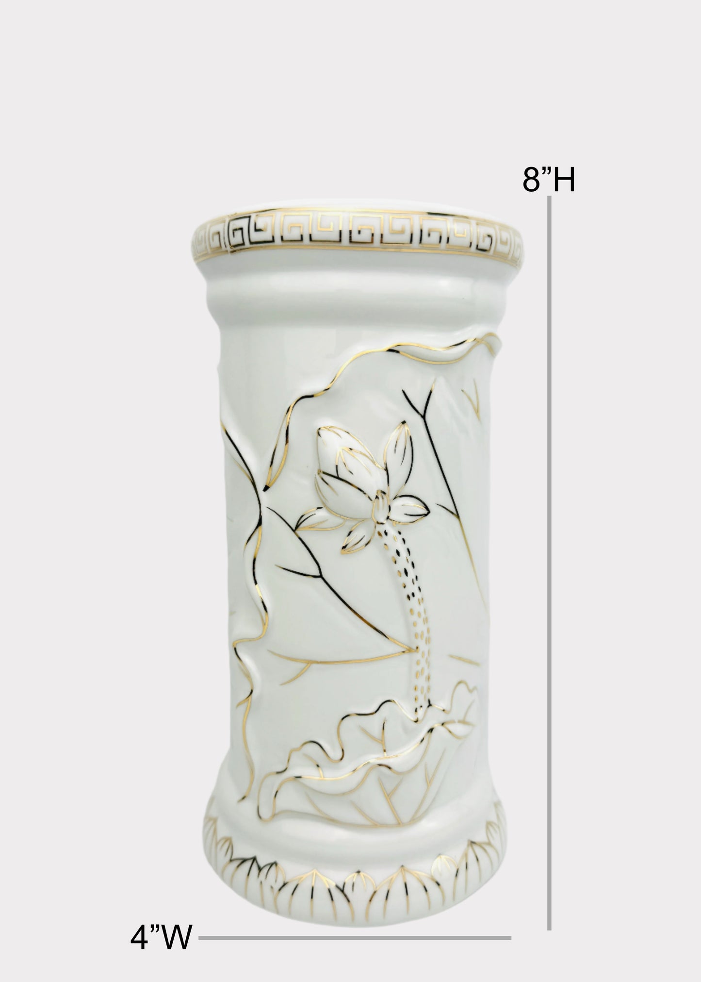Lotus Carved - Offering Vase - White/Gold Greek Key - Ceramic