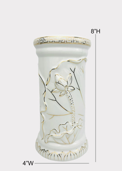 Lotus Carved - Offering Vase - White/Gold Greek Key - Ceramic