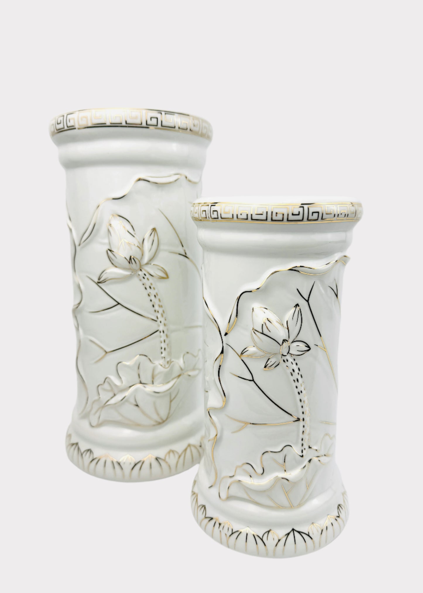 Lotus Carved - Offering Vase - White/Gold Greek Key - Ceramic