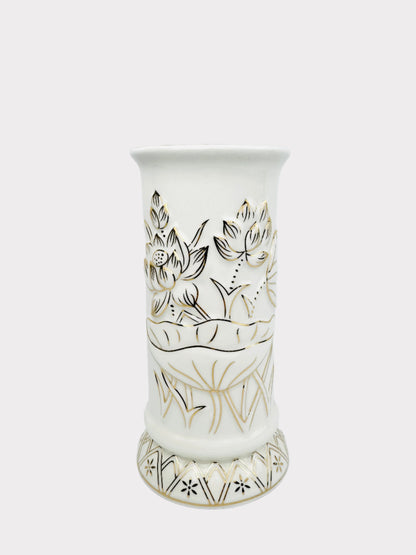 Lotus Panel Relief - Altar Vase - White/Gold - Ceramic
