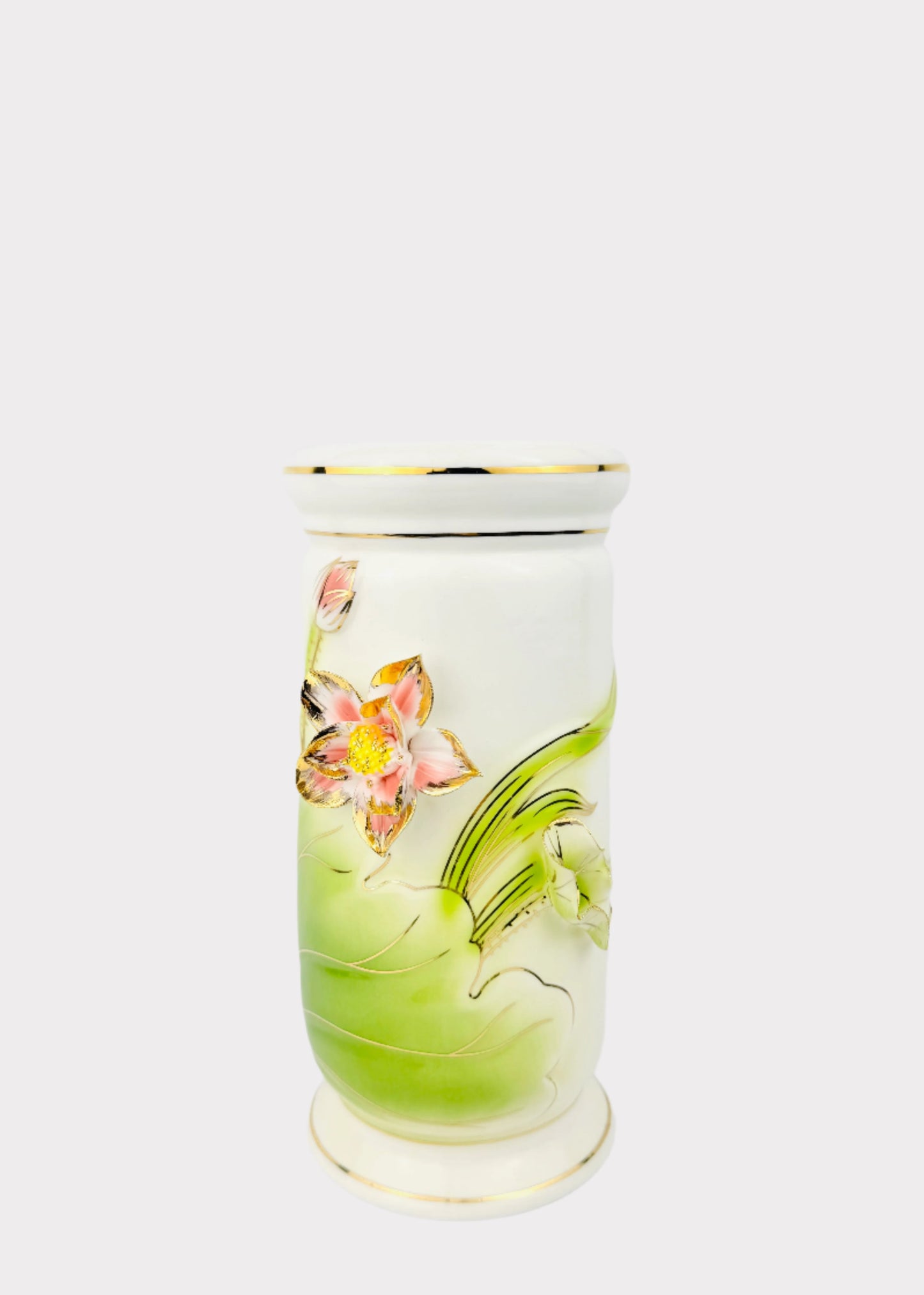 Lotus Raised Bloom Cylinder - Altar Vase - Pink/Green - Ceramic