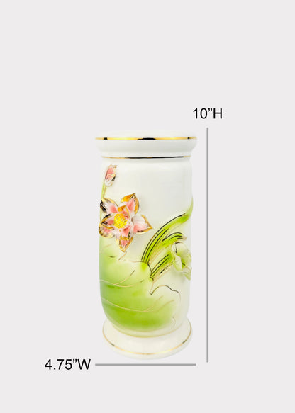 Lotus Raised Bloom Cylinder - Altar Vase - Pink/Green - Ceramic