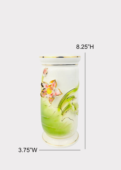 Lotus Raised Bloom Cylinder - Altar Vase - Pink/Green - Ceramic