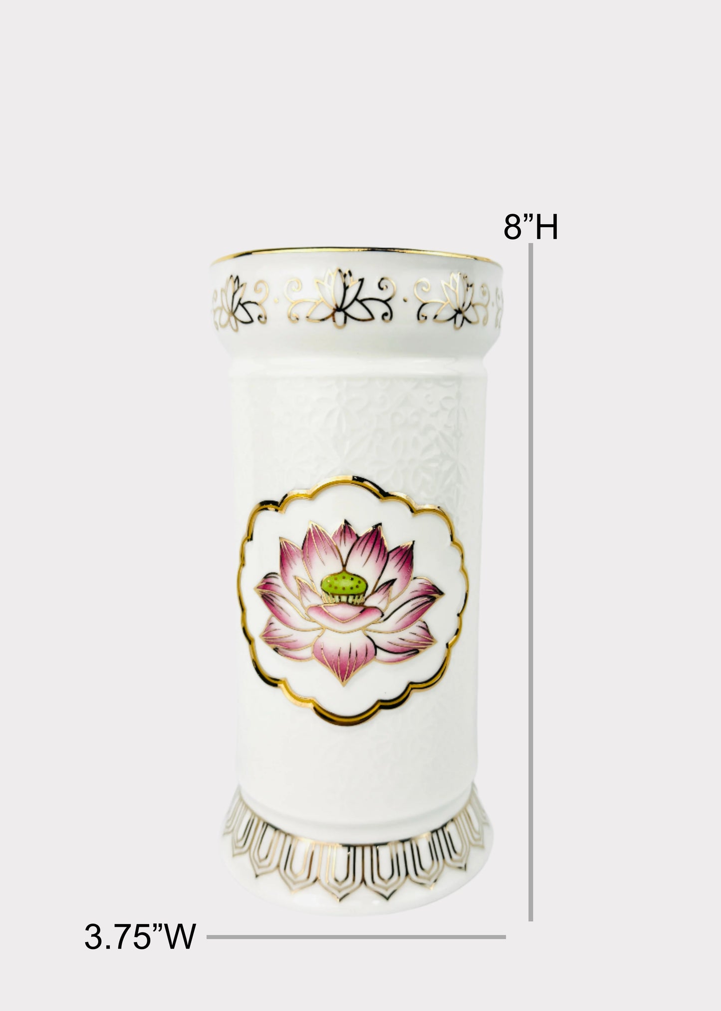 Lotus Medallion Cylinder - Altar Vase - White/Gold/Pink - Ceramic