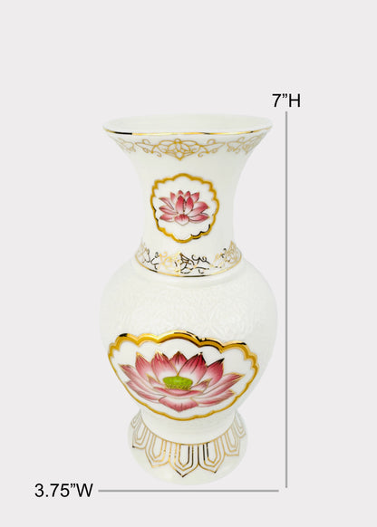 Lotus Medallion - Altar Vase - White/Gold/Pink - Ceramic