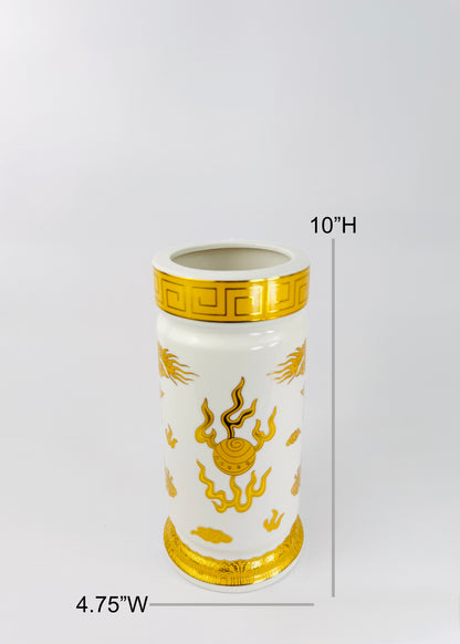 Double Dragon Cylinder - Altar Vase - White/Gold - Ceramic