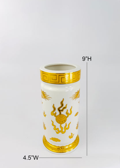 Double Dragon Cylinder - Altar Vase - White/Gold - Ceramic