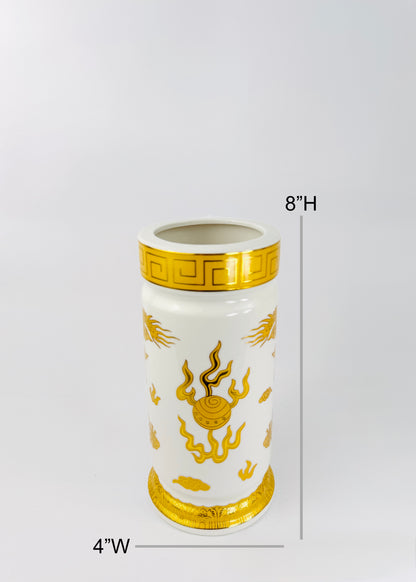 Double Dragon Cylinder - Altar Vase - White/Gold - Ceramic