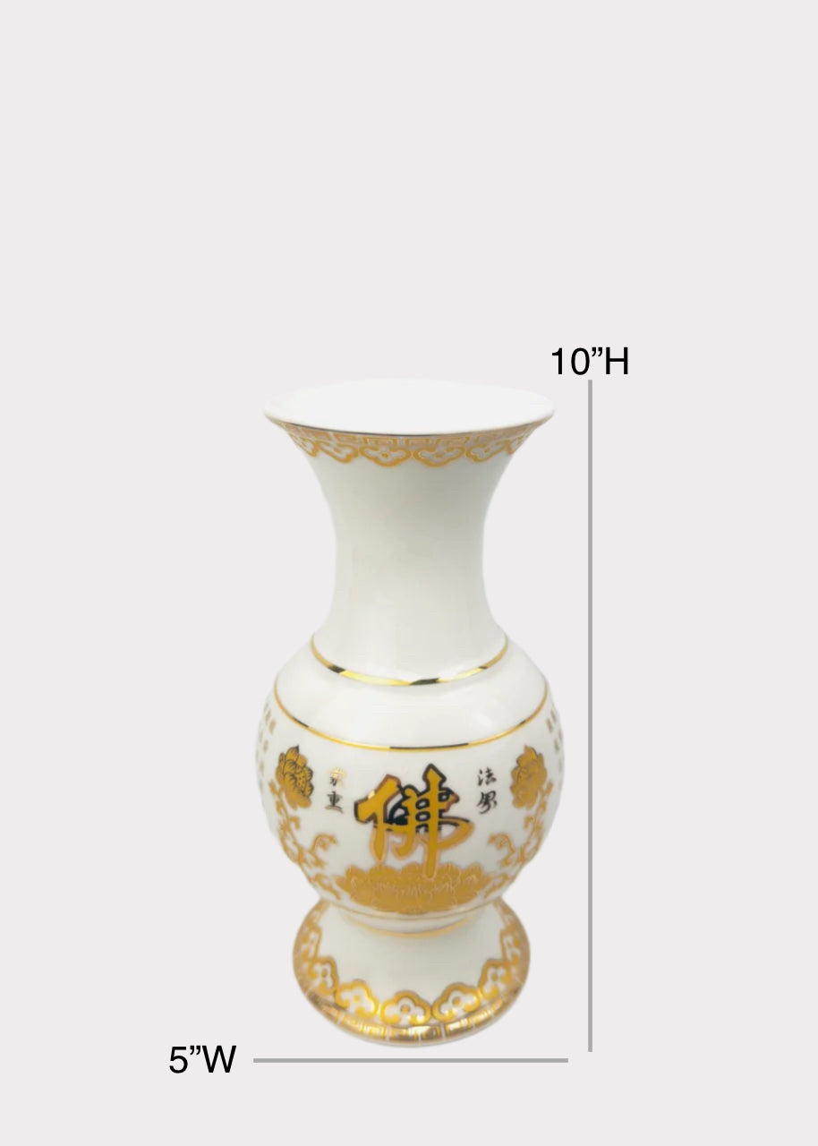 Buddha Script Lotus - Altar Vase - White/Gold - Ceramic