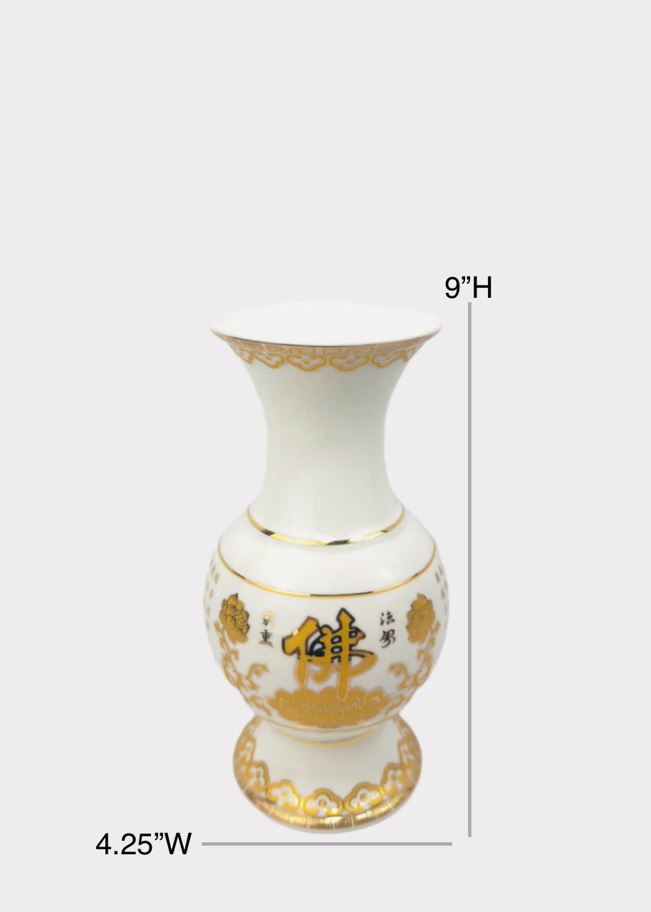 Buddha Script Lotus - Altar Vase - White/Gold - Ceramic