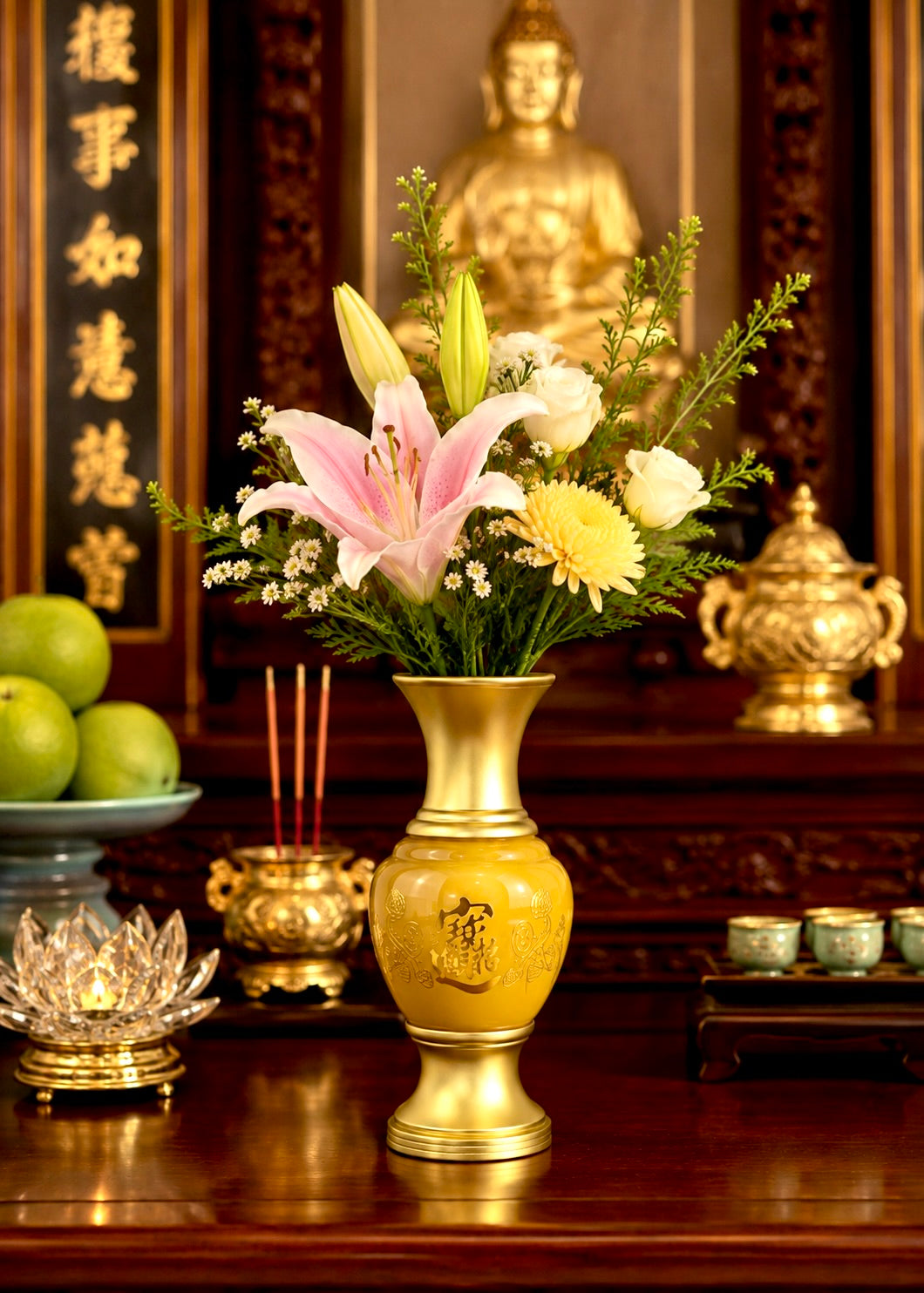 Yellow Jade Finish Offering Vase with Gold-Tone Metal Accents