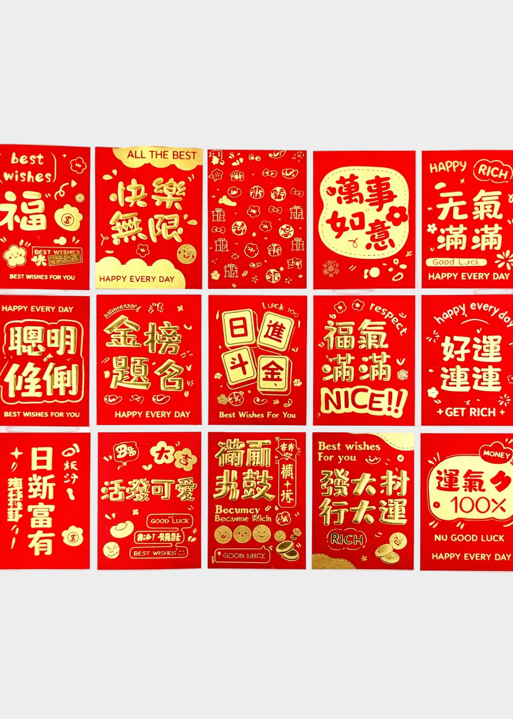 Shimmering Red Envelopes - 36 Assorted Designs with Gold Foil Texture
