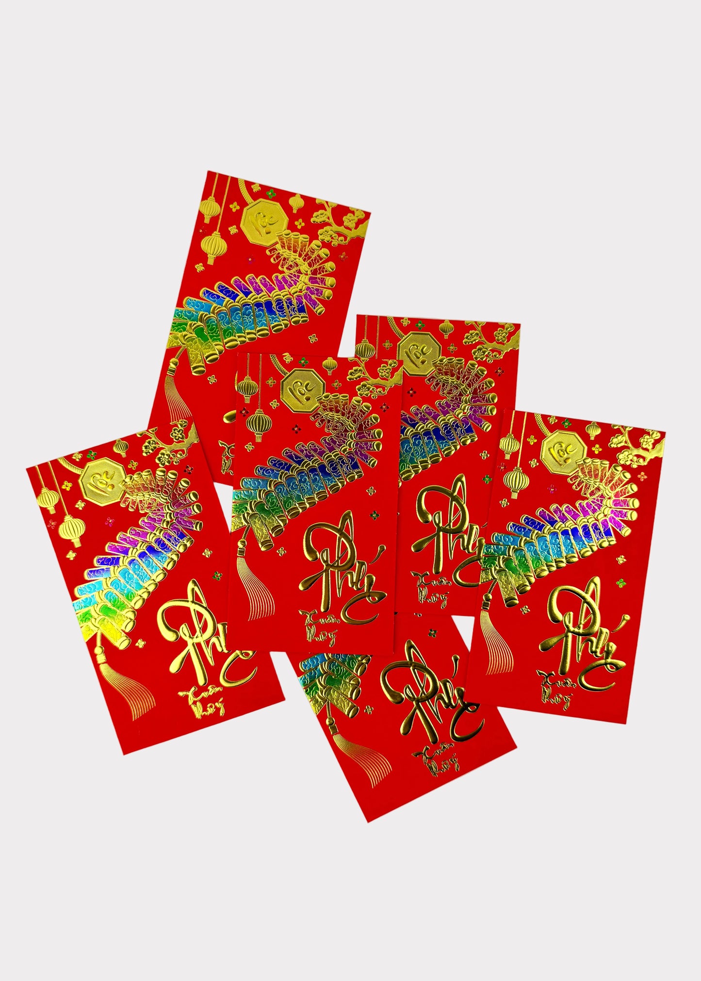 Vietnamese Lunar New Year Red Envelopes – Ombre Metallic with Gold Foil Press – 6 Pack – Random Design