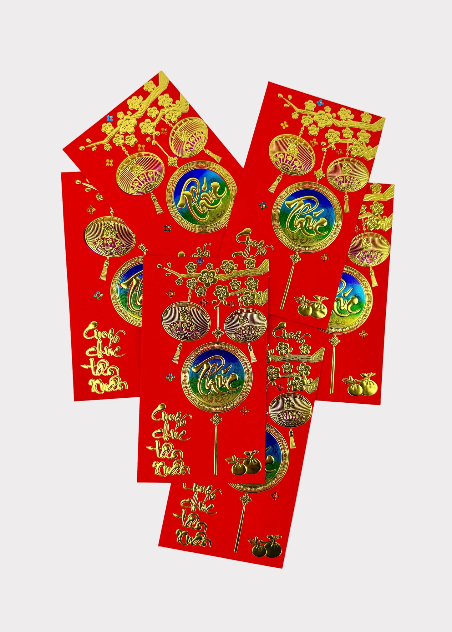 Vietnamese Lunar New Year Red Envelopes – Ombre Metallic with Gold Foil Press – 6 Pack – Random Design