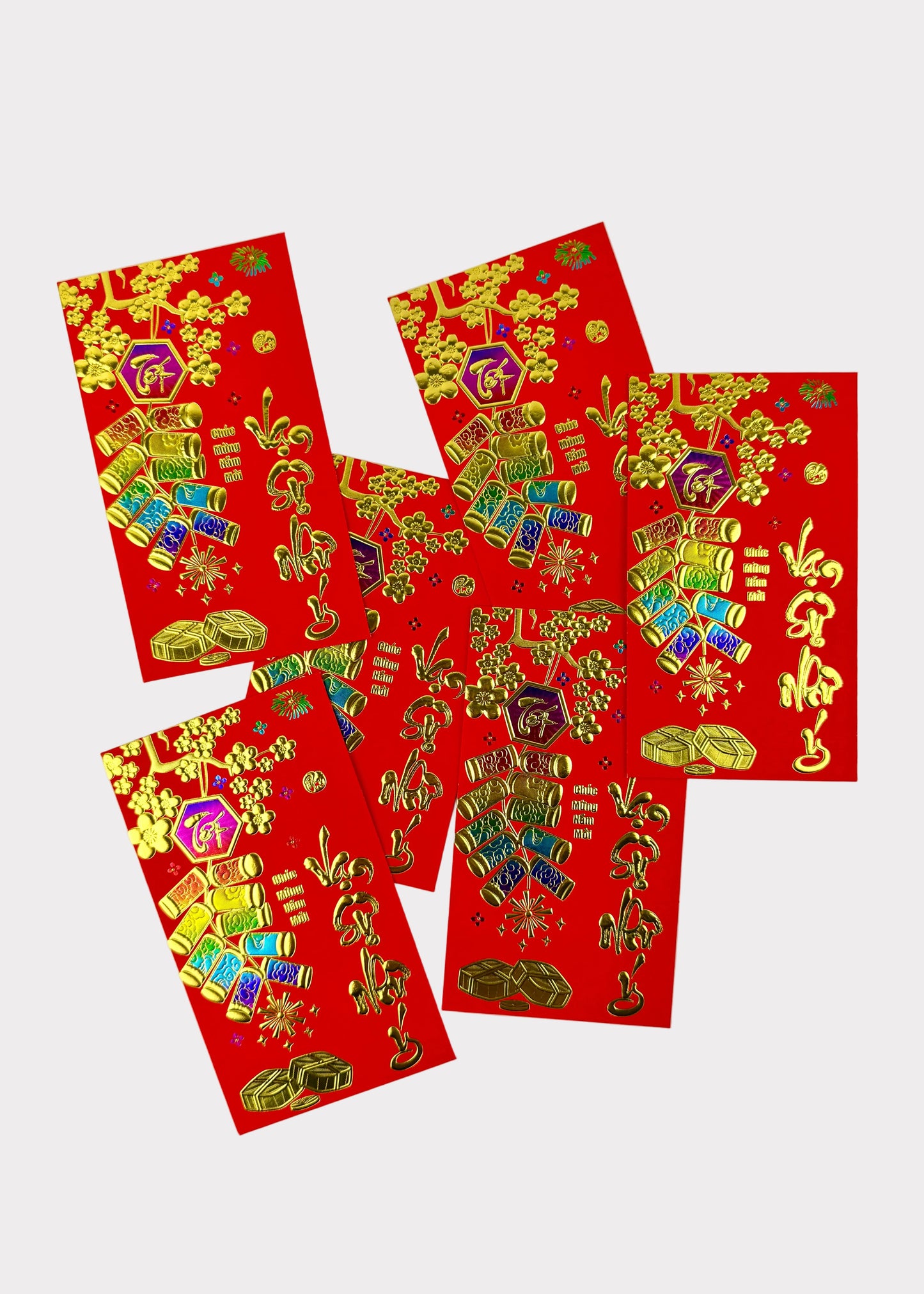 Vietnamese Lunar New Year Red Envelopes – Ombre Metallic with Gold Foil Press – 6 Pack – Random Design