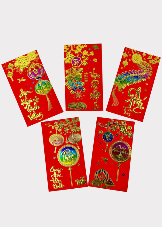 Vietnamese Lunar New Year Red Envelopes – Ombre Metallic with Gold Foil Press – 6 Pack – Random Design