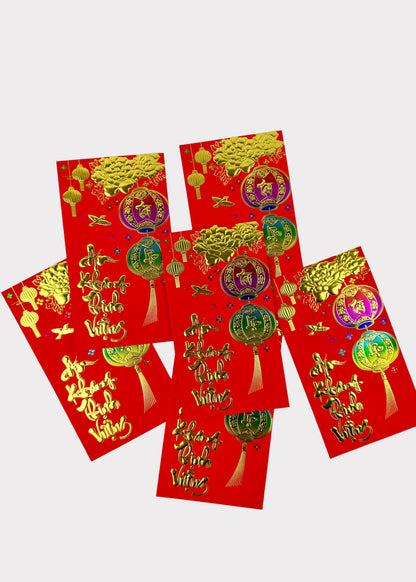 Vietnamese Lunar New Year Red Envelopes – Ombre Metallic with Gold Foil Press – 6 Pack – Random Design