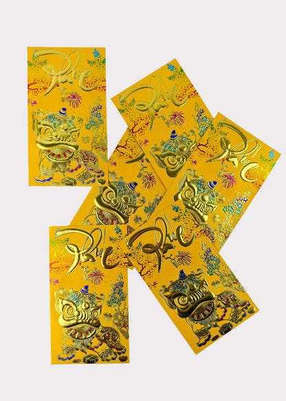 Vietnamese Lunar New Year Red Envelopes – Gold Foil Embossed – 6 Pack – Random Design