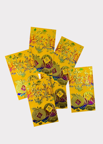 Vietnamese Lunar New Year Red Envelopes – Gold Foil Embossed – 6 Pack – Random Design