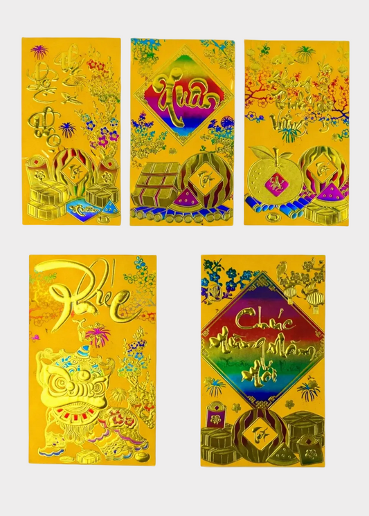 Vietnamese Lunar New Year Red Envelopes – Gold Foil Embossed – 6 Pack – Random Design