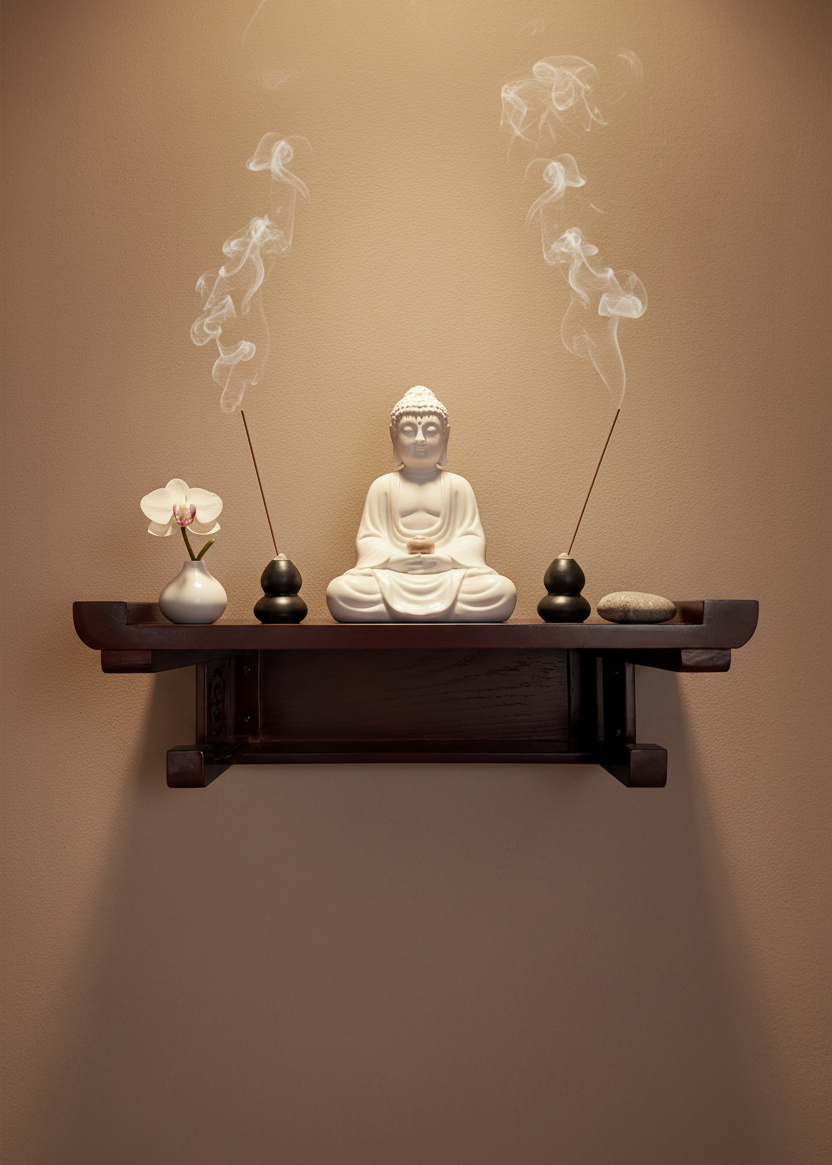 Solid Wood Floating Altar Shelf - Wall Mounted Buddhist Shrine