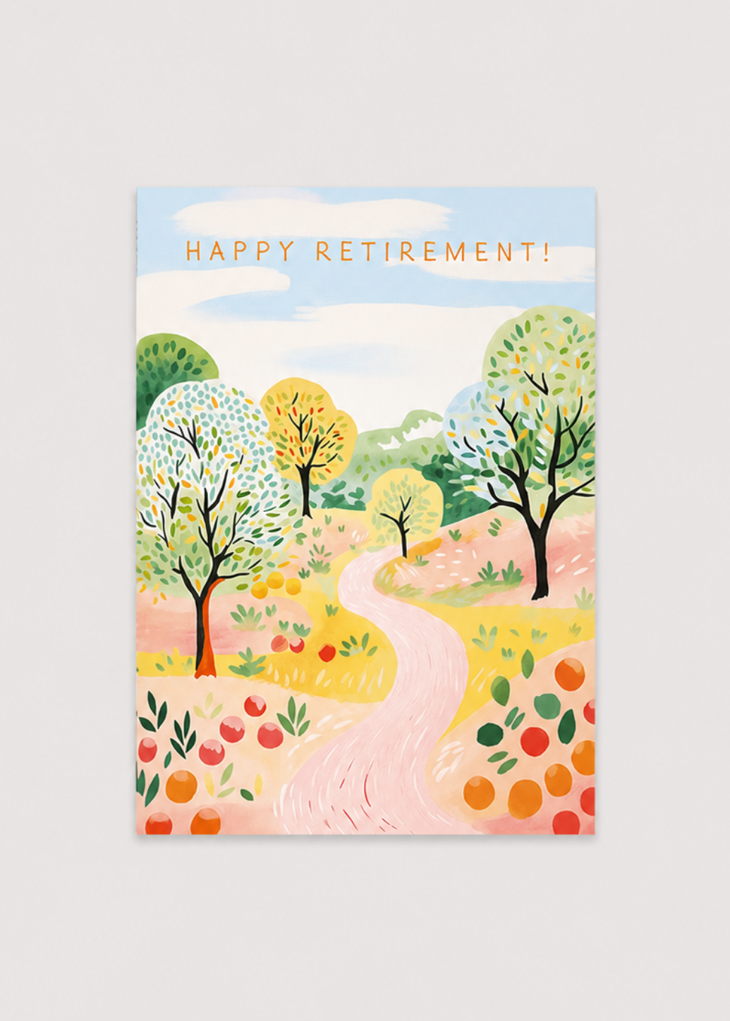 Greeting card with a colorful illustration of trees and a path, featuring the text 'Happy Retirement!' on a light gray background.