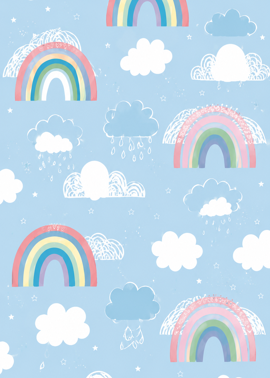 Pattern of rainbows and clouds on a blue background